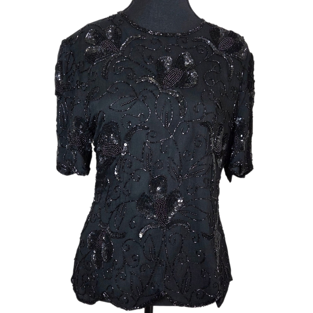 Stenay Black Beaded Floral Silk Blouse With Scalloped Sleeves And Hem Size Small